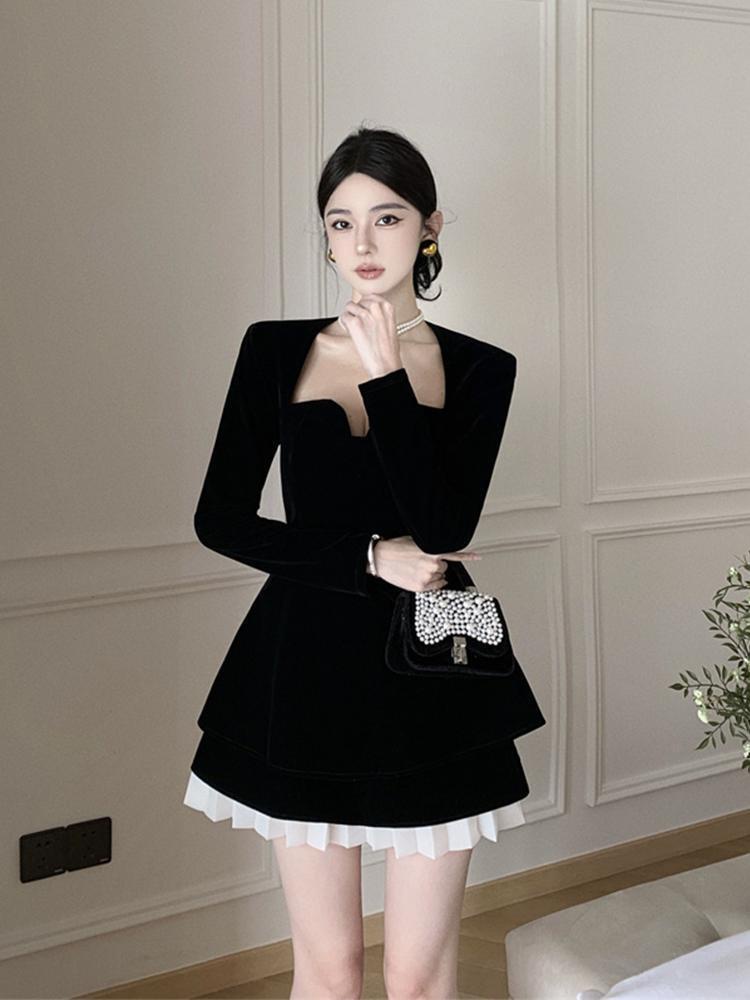 [YU]Váy Thiết Kế Nữ Phong Cách Pháp Vuông Cổ Velvet Đầm Mùa Thu Eo Cao Tôn Dáng Dành Cho Nữ