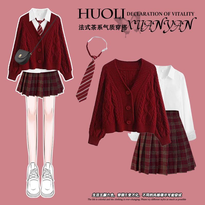 [YU]Set Nữ Phong Cách Hàn Quốc Thiết Kế Màu Đỏ Cardigan Áo Len Mix Áo Sơ Mi Học Viện