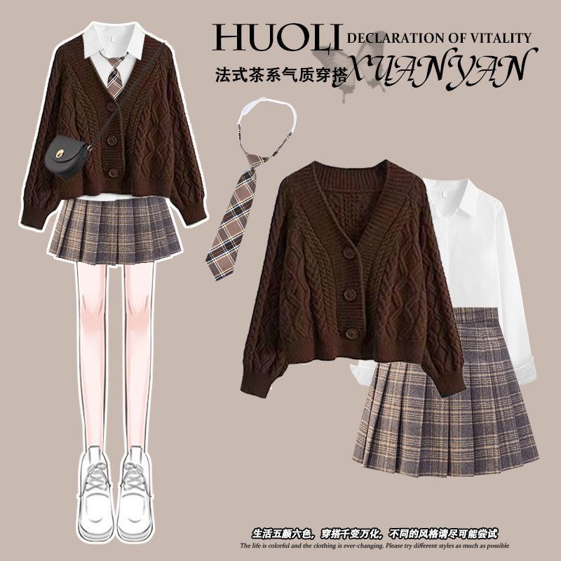 [YU]Set Nữ Phong Cách Hàn Quốc Thiết Kế Màu Đỏ Cardigan Áo Len Mix Áo Sơ Mi Học Viện