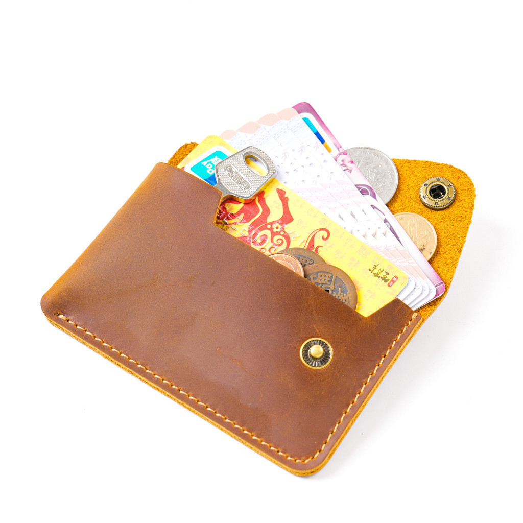 Genodern Tay áo thẻ da thủ công Snap Coin Purse Crazy Horse Leather