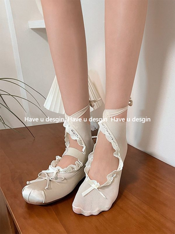 Tất nữ ren ống ngắn phong cách Nhật Bản, thiết kế thắt nút, phù hợp bé gái