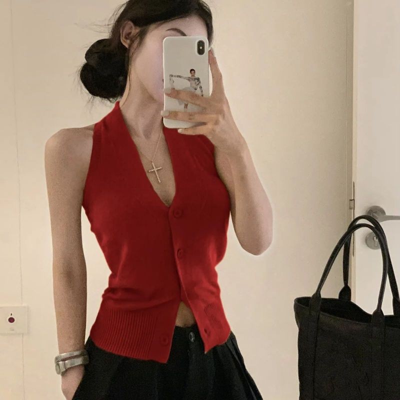 Lan ~ Pháp Dệt Kim Dây Cổ Áo Nữ Thiết Kế Mùa Hè Niche Ngọt Hot Girl Dây Ngắn Quần Áo Nữ