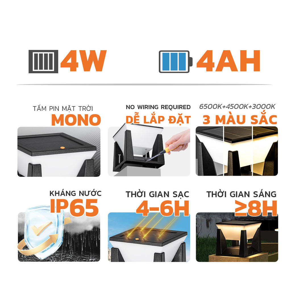 Mô tả Đèn Trụ Cổng Năng Lượng Mặt Trời MODI SOLAR, Đèn LED Hàng Rào Sân Vườn Ngoài Trời Chống Nước - 2