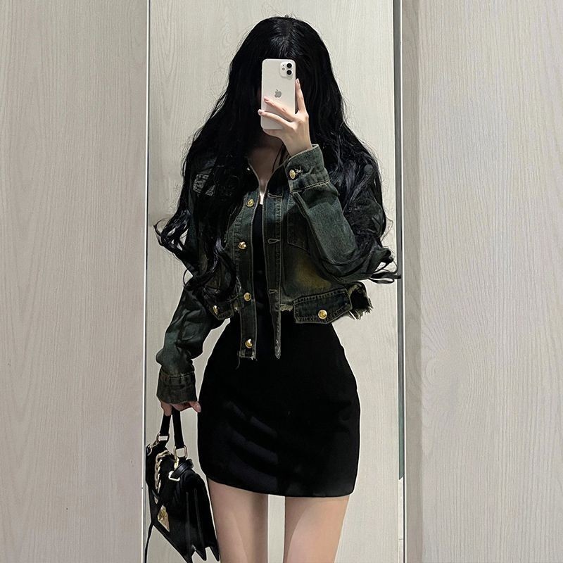 [YU]Set 2 Món Phối Áo Khoác Cao Bồi Kiểu Mỹ Mix Váy Dây Đen, Bộ Phong Cách Mùa Thu