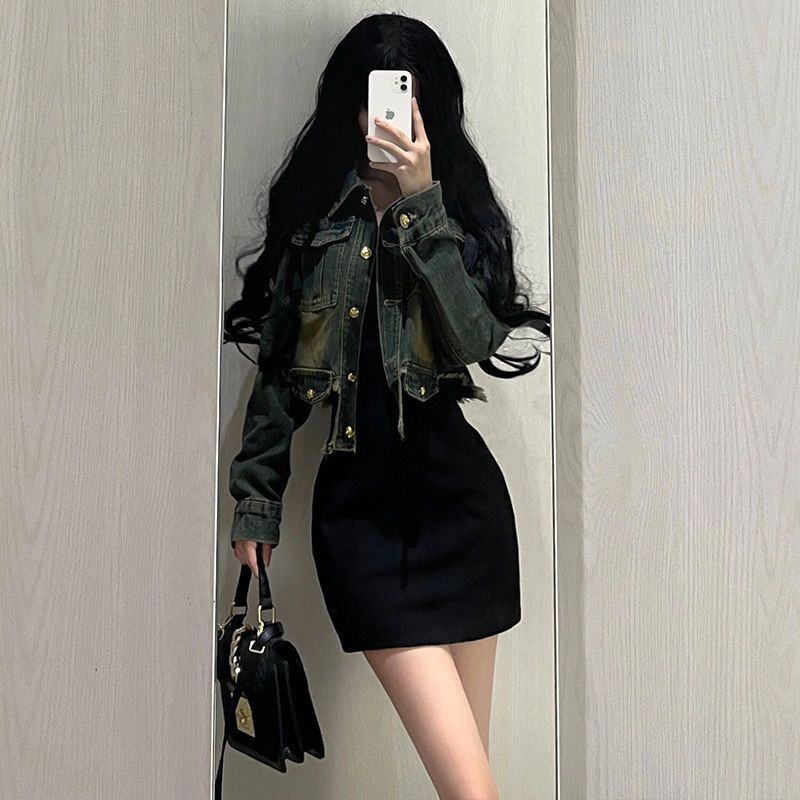 [YU]Set 2 Món Phối Áo Khoác Cao Bồi Kiểu Mỹ Mix Váy Dây Đen, Bộ Phong Cách Mùa Thu