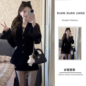 Set Nữ Phong Cách Khí Chất Nhung Thắt Lưng Phù Hợp Với Áo Khoác Mix Váy Cao Eo Tôn Dáng