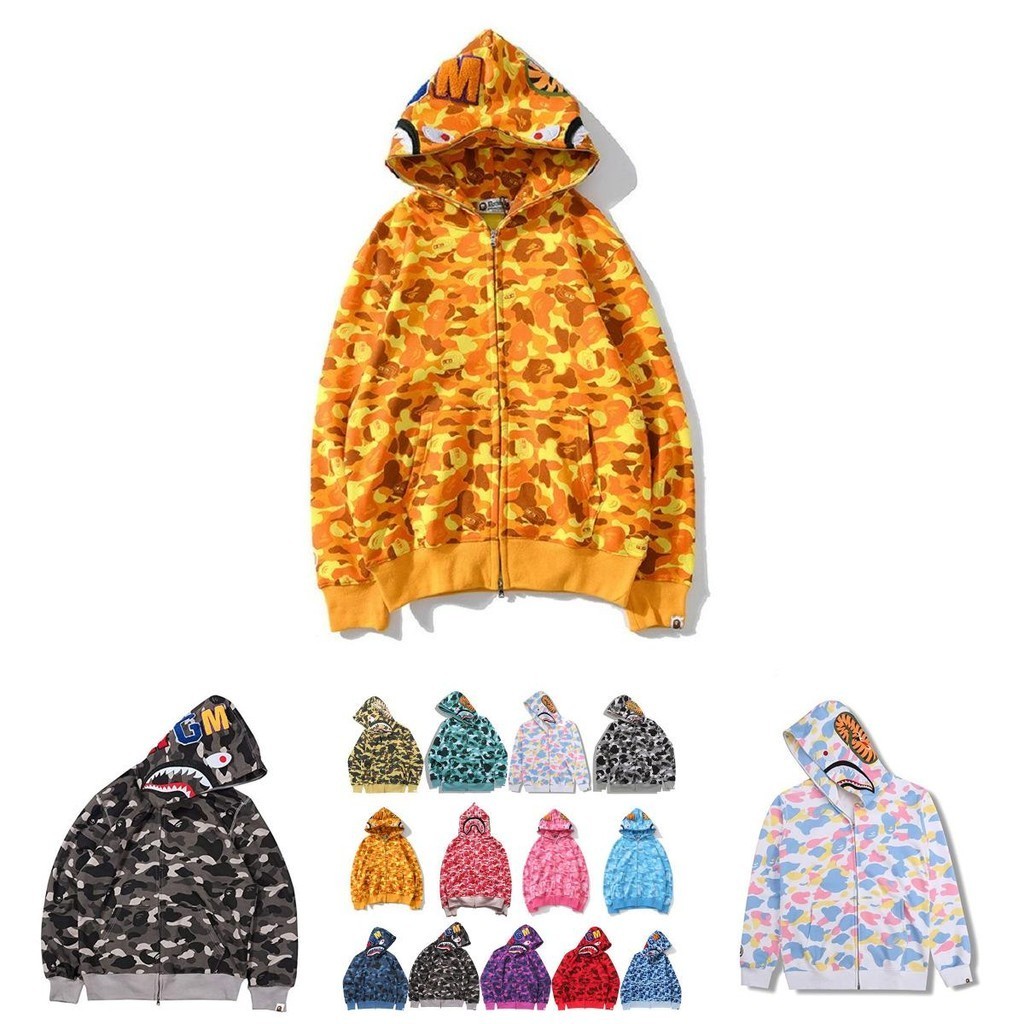 Bape Zip-Up Áo Khoác Nam Nữ Họa Tiết Cá Mập, Thích Hợp Dạo Phố