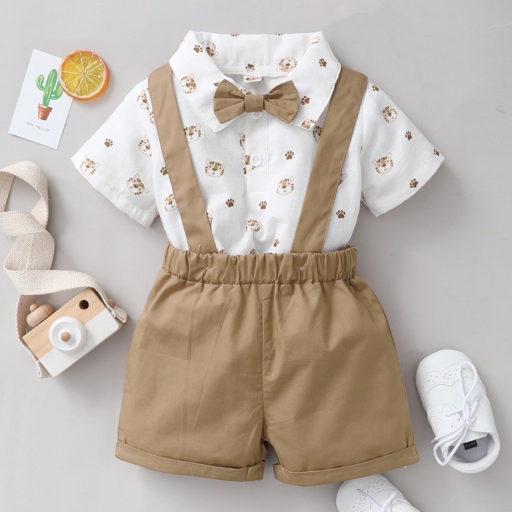Mô tả Set Đồ 2 Món Gồm Áo Thun Cổ Đứng Tay Cộc In Hình Hổ Thắt Nơ + Quần Ngắn Cho Bé Trai 0-2 Tuổi - 2