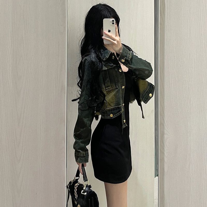 [YU]Set 2 Món Phối Áo Khoác Cao Bồi Kiểu Mỹ Mix Váy Dây Đen, Bộ Phong Cách Mùa Thu