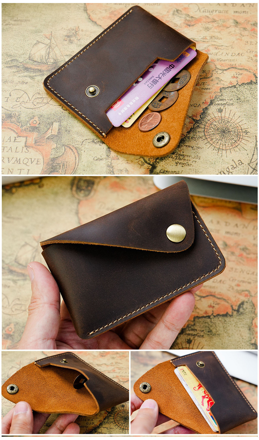 Genodern Tay áo thẻ da thủ công Snap Coin Purse Crazy Horse Leather
