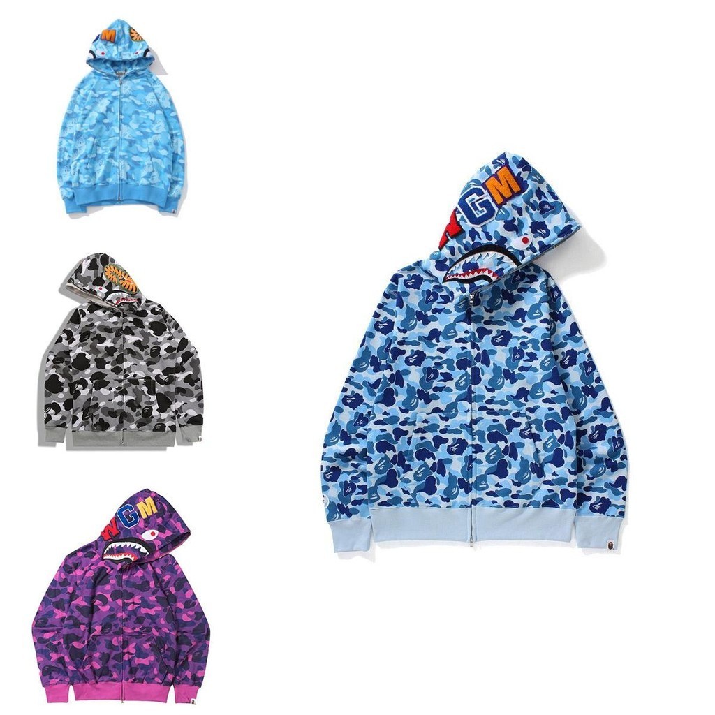 Bape Zip-Up Áo Khoác Nam Nữ Họa Tiết Cá Mập, Thích Hợp Dạo Phố