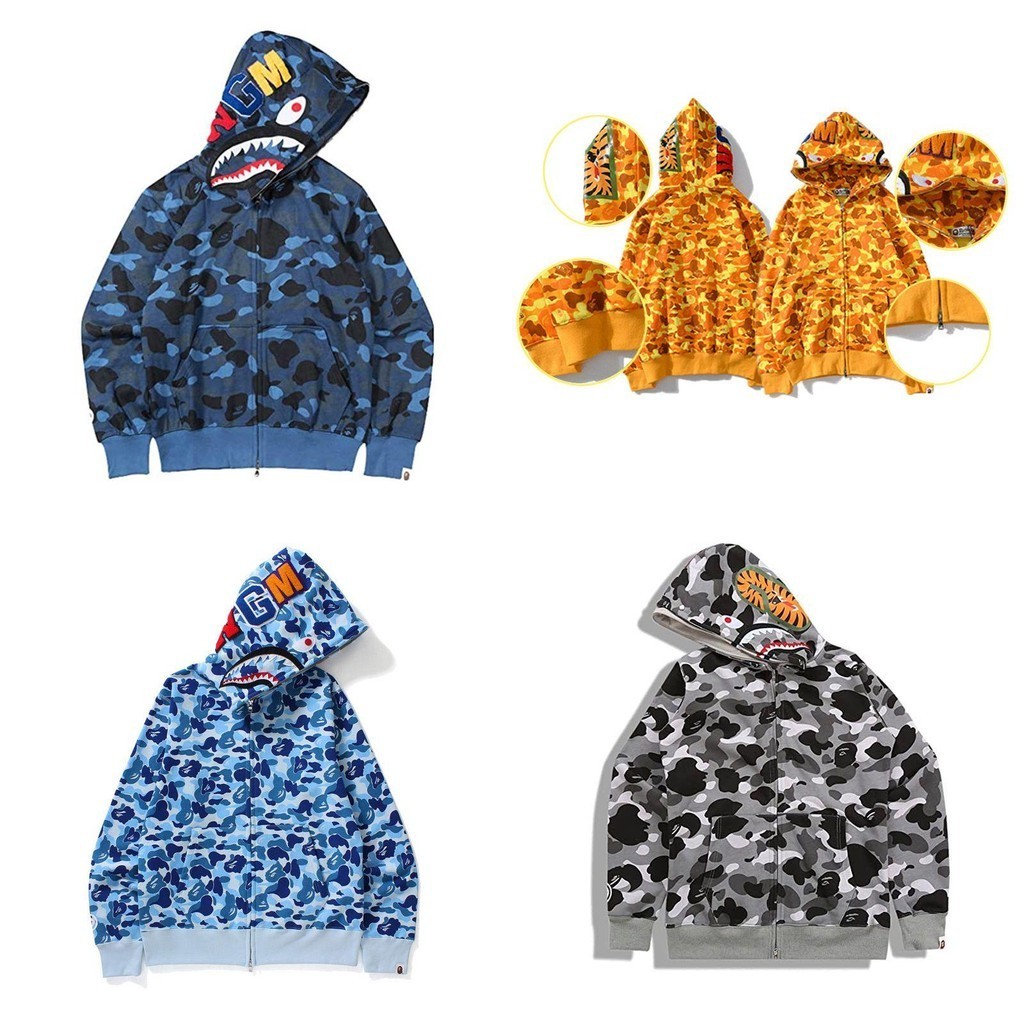 Bape Zip-Up Áo Khoác Nam Nữ Họa Tiết Cá Mập, Thích Hợp Dạo Phố