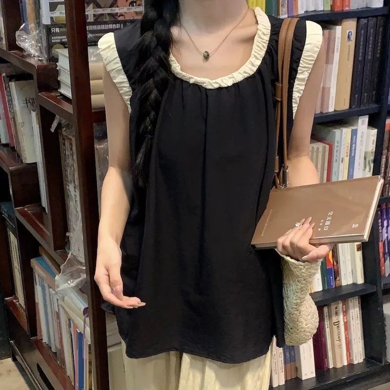 Lanlanlan ~ Màu tương phản Áo Sơ Mi Rời Áo Sơ Mi Nữ Mùa Hè Phong Cách Mới Phiên Bản Hàn Quốc Thời Trang Mỏng Hơn Nhìn Tất Cả Trận Đấu Thiết Kế Cảm Giác Sang Trọng Áo Không Tay