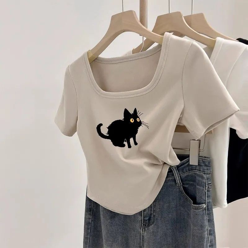 Lan ~ Phong Cách Pháp Vuông Vai Cổ Vuông Xương Đòn Áo Thun Nữ Thiết Kế Mùa Hè Slim-fit Tinh Khiết Desire Phong Cách ins Eo Ngắn Phong Cách Hot Girl Top