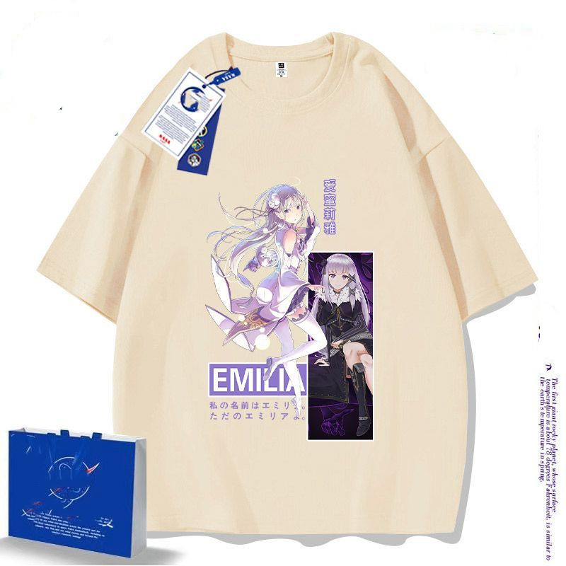 Áo thun phong cách mới Tay ngắn Re: Zero Emilia Anime Cotton nguyên chất Phong cách mới Áo thun ngắn tay Cuộc sống ở một thế giới khác Từ Zero