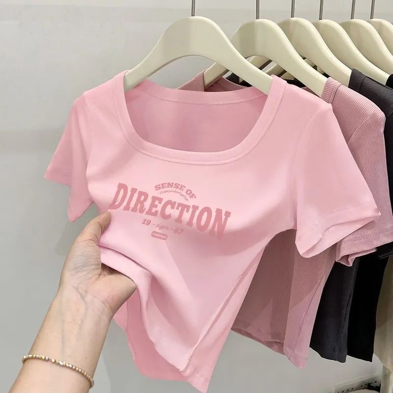 Lan ~ Áo thun ngắn tay cổ vuông dành cho nữ mùa hè Vai trước Slim-Fit Ngắn eo cao Niche Navel-Cropped Hot