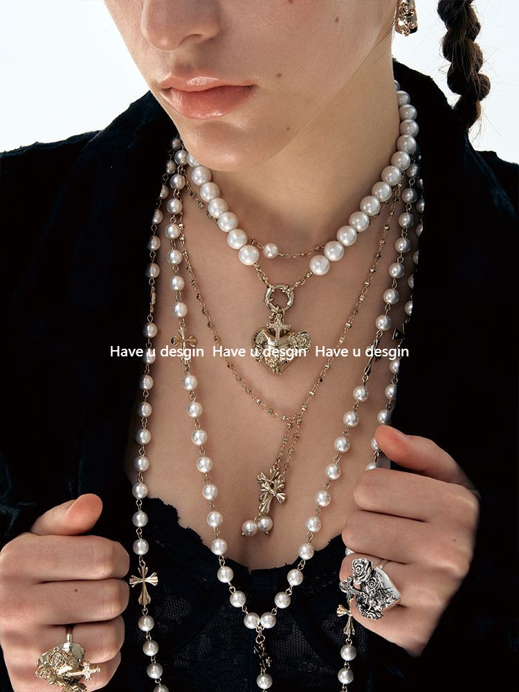 Have u desgin Love Pearl Cross Light Luxury Niche Dài Phù Hợp Với Dây Chuyền Áo Len