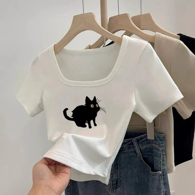 Lan ~ Phong Cách Pháp Vuông Vai Cổ Vuông Xương Đòn Áo Thun Nữ Thiết Kế Mùa Hè Slim-fit Tinh Khiết Desire Phong Cách ins Eo Ngắn Phong Cách Hot Girl Top