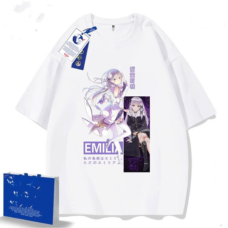 Áo thun phong cách mới Tay ngắn Re: Zero Emilia Anime Cotton nguyên chất Phong cách mới Áo thun ngắn tay Cuộc sống ở một thế giới khác Từ Zero