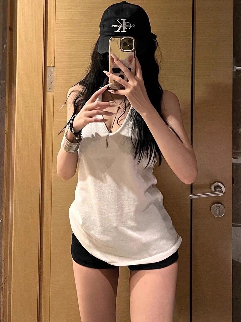 Lan ~ Phiên Bản Hàn Quốc hiphop Trắng Cổ Chữ v Dây Áo Vest Nữ Mùa Hè Mỏng Hơn Nhìn Cao Cấp Sang Trọng Phù Hợp Với Hàng Đầu Hợp Thời Trang