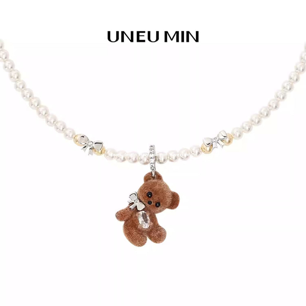 Have u desgin Flocking Bear Bow Thiết kế Niche nguyên bản Mặt dây chuyền ngọc trai dễ thương Vòng cổ phù hợp