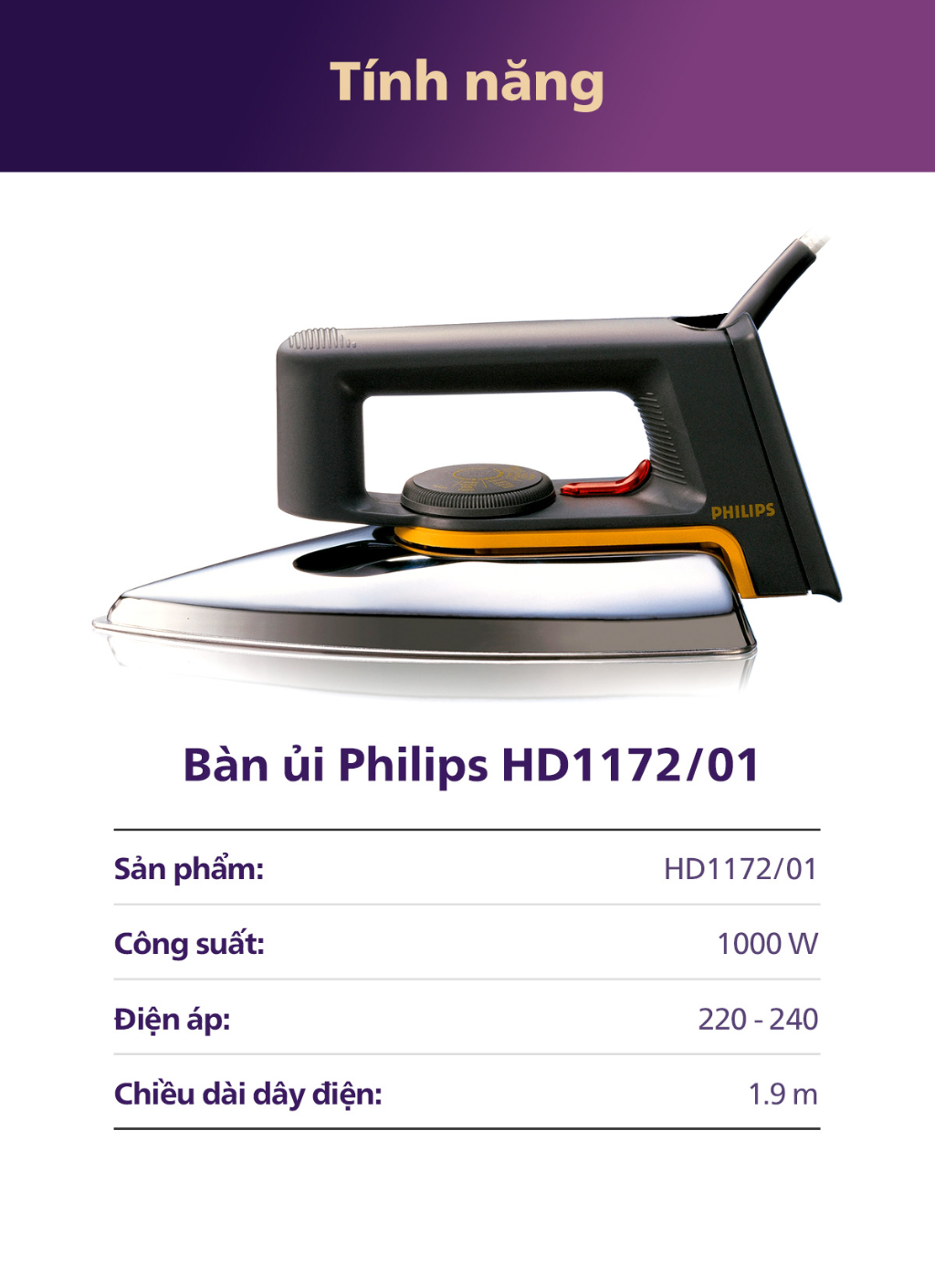 Mô tả Bàn ủi khô PHILIPS HD1172 /01 1000W - Hàng chính hãng - 4