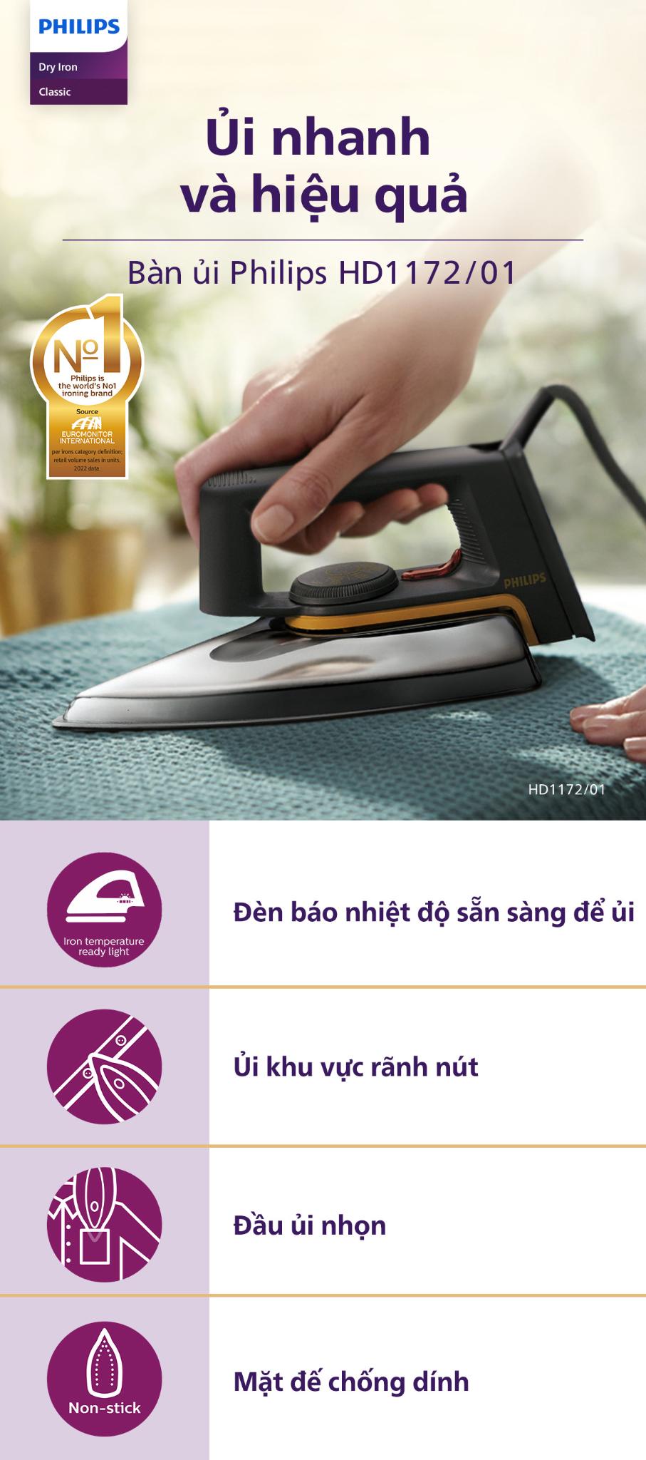 Mô tả Bàn ủi khô PHILIPS HD1172 /01 1000W - Hàng chính hãng - 1