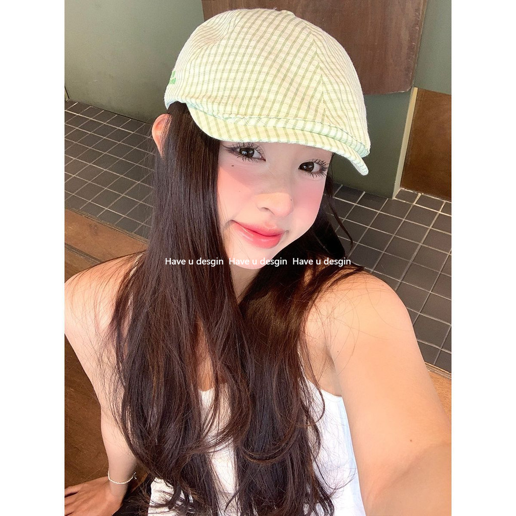 Have u desgin Thêu Chữ Checkered Phía Trước Mũ Thể Hiện Mặt Nhỏ Họa Sĩ Mũ Mỏng Phong Cách Thoáng Khí Văn Học Phù Hợp Với Mũ Nồi Nữ