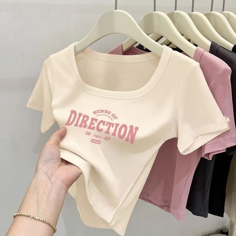 Lan ~ Áo thun ngắn tay cổ vuông dành cho nữ mùa hè Vai trước Slim-Fit Ngắn eo cao Niche Navel-Cropped Hot