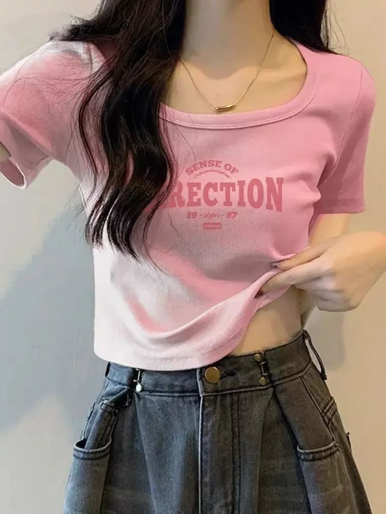 Lan ~ Áo thun ngắn tay cổ vuông dành cho nữ mùa hè Vai trước Slim-Fit Ngắn eo cao Niche Navel-Cropped Hot