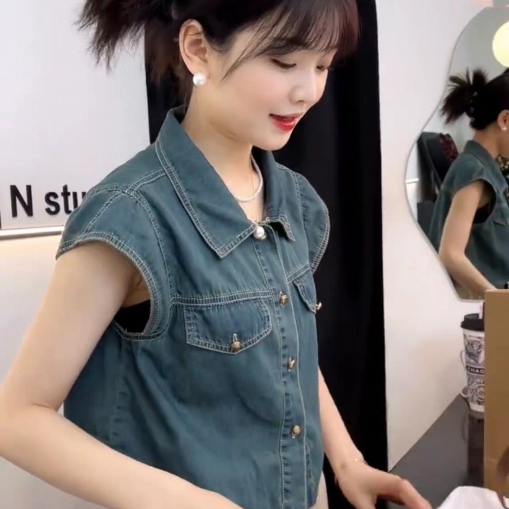 Lan ~ Phiên bản hàn quốc Retro Tính khí Áo ghi lê cổ polo Áo sơ mi Denim nữ mùa hè ngọt ngào Phong cách mát mẻ phù hợp cho mọi trận đấu Áo khoác ngắn Niche
