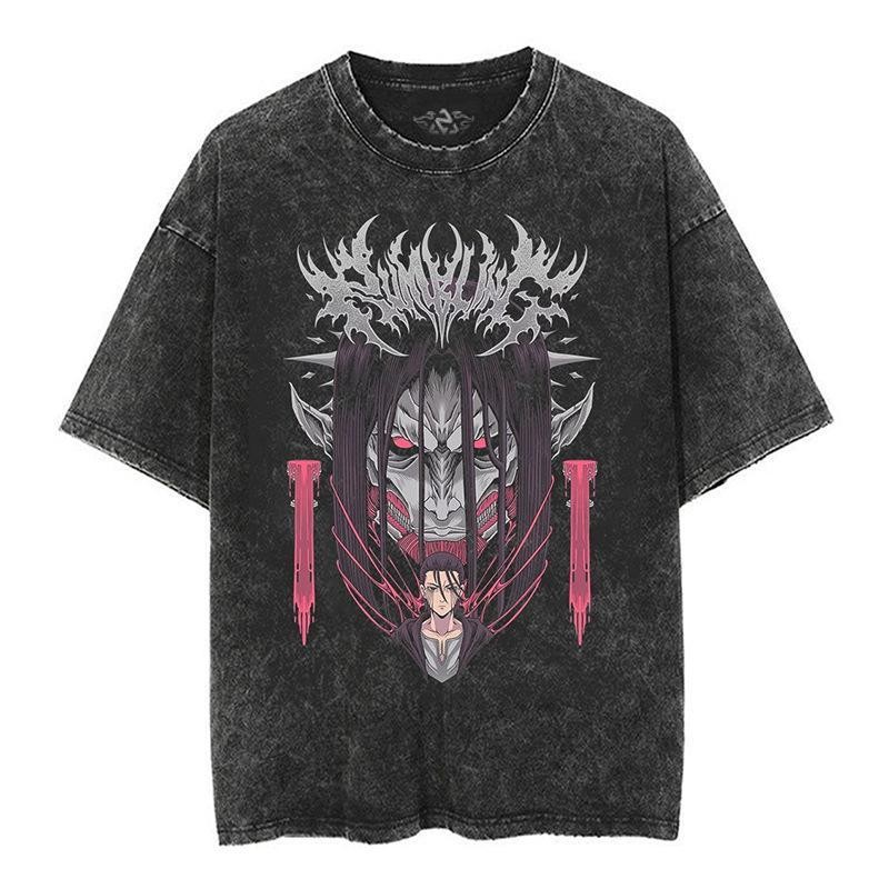 Phong Cách Mới Áo Thun Tay Ngắn Tấn Công Titan Levi Eren Phong Cách Mới Nhật Bản Tấn Công Titan Hoạt Hình Anime oversize High Street vintage Washed Đau Khổ Áo Thun Ngắn Tay Mikasa Armin Arlert