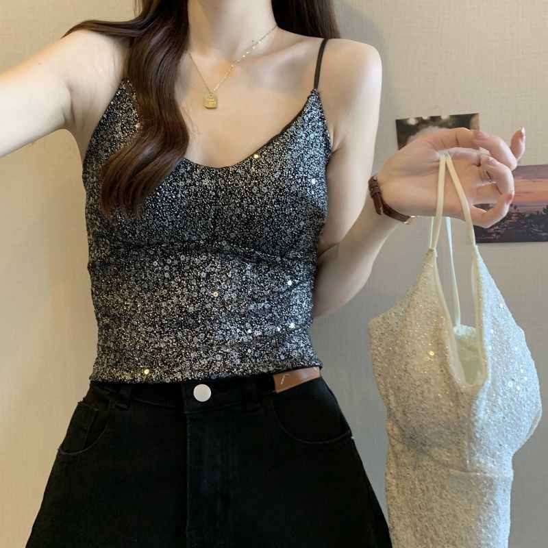 Lan ~ hot Girl Sang Trọng Đính Kim Sa Lấp Lánh Cổ Chữ V Có Miếng Lót Ngực Mùa Hè Mỏng Phù Hợp Với Bên Trong Mặc Ống Top Không Tay Top Nữ