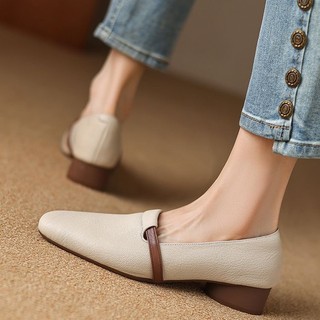 Da Cừu Pháp Đơn Giày Phong Cách Mới Retro Bàn Đạp Da Thật Đế Mềm Giày Da Nông Miệng Giày Nữ