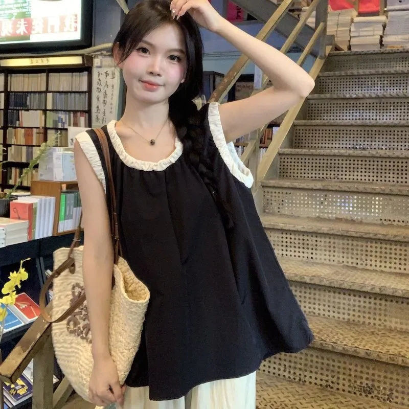 Lanlanlan ~ Màu tương phản Áo Sơ Mi Rời Áo Sơ Mi Nữ Mùa Hè Phong Cách Mới Phiên Bản Hàn Quốc Thời Trang Mỏng Hơn Nhìn Tất Cả Trận Đấu Thiết Kế Cảm Giác Sang Trọng Áo Không Tay