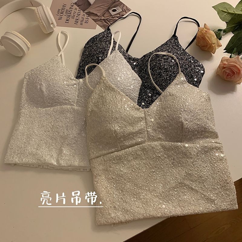 Lan ~ hot Girl Sang Trọng Đính Kim Sa Lấp Lánh Cổ Chữ V Có Miếng Lót Ngực Mùa Hè Mỏng Phù Hợp Với Bên Trong Mặc Ống Top Không Tay Top Nữ
