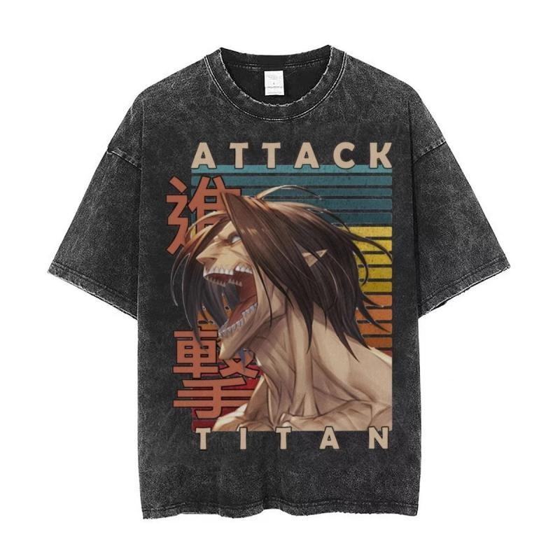 Phong Cách Mới Áo Thun Tay Ngắn Tấn Công Titan Levi Eren Retro Rửa Đau Khổ In Hình Áo Thun Ngắn Tay Top Street Unisex Tấn Công Titan Mikasa Armin Arlert