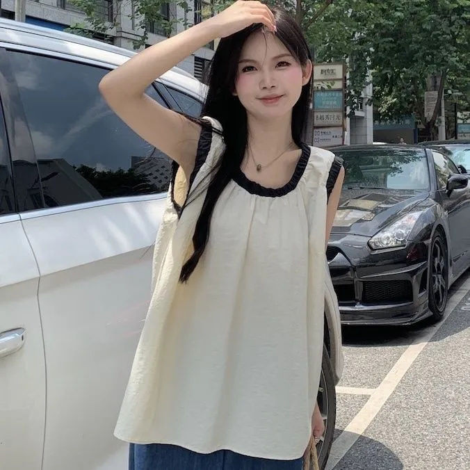 Lanlanlan ~ Màu tương phản Áo Sơ Mi Rời Áo Sơ Mi Nữ Mùa Hè Phong Cách Mới Phiên Bản Hàn Quốc Thời Trang Mỏng Hơn Nhìn Tất Cả Trận Đấu Thiết Kế Cảm Giác Sang Trọng Áo Không Tay
