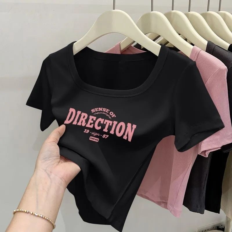 Lan ~ Áo thun ngắn tay cổ vuông dành cho nữ mùa hè Vai trước Slim-Fit Ngắn eo cao Niche Navel-Cropped Hot