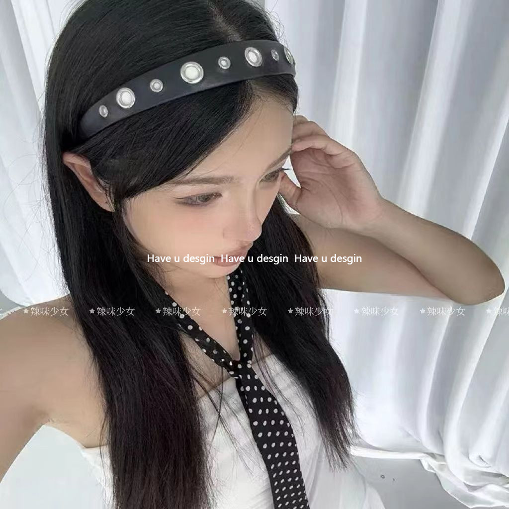 Have u desgin Mùa Hè Kim Loại Đinh Tán Độc Đáo Punk Băng Đô Mặt Trơn Ra Phố Đen Phù Hợp Với Niche Headband Phụ Kiện Tóc