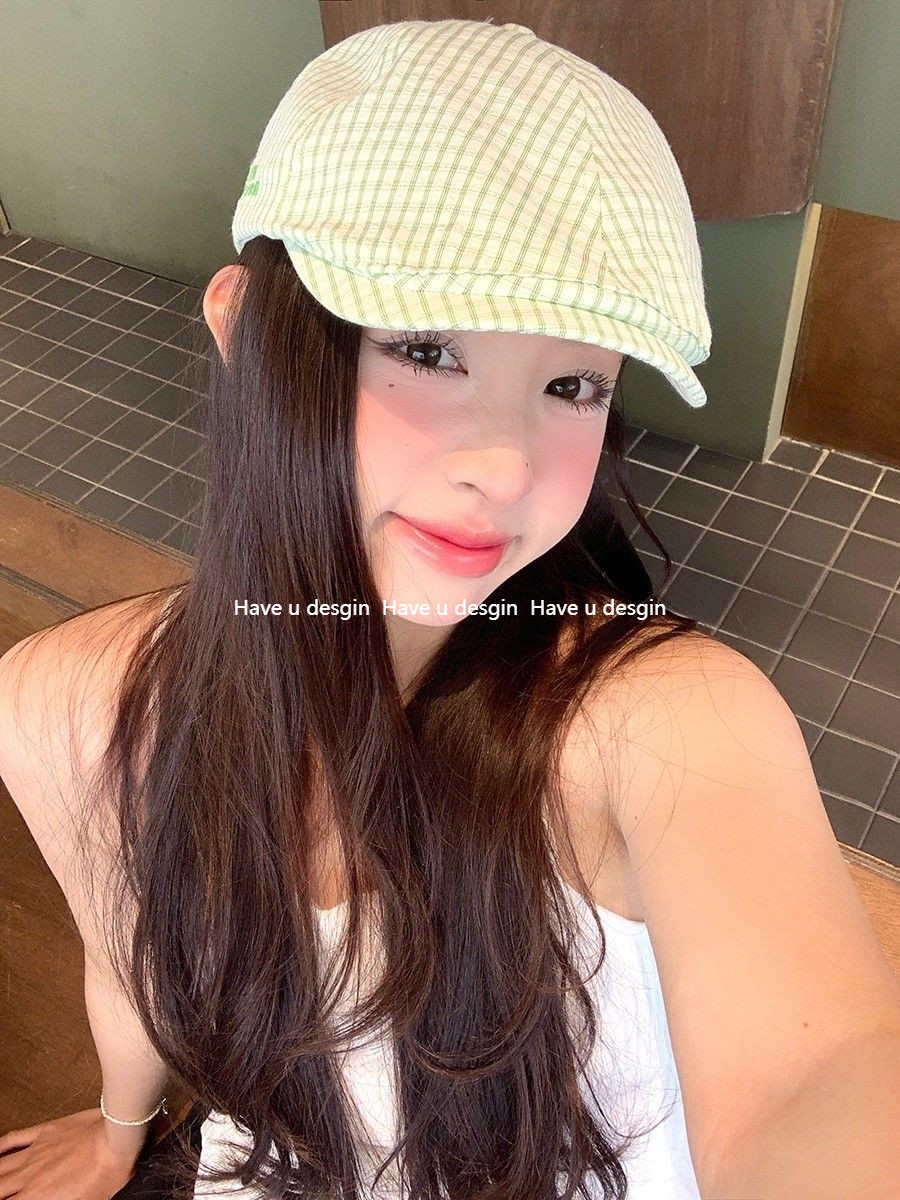 Have u desgin Thêu Chữ Checkered Phía Trước Mũ Thể Hiện Mặt Nhỏ Họa Sĩ Mũ Mỏng Phong Cách Thoáng Khí Văn Học Phù Hợp Với Mũ Nồi Nữ