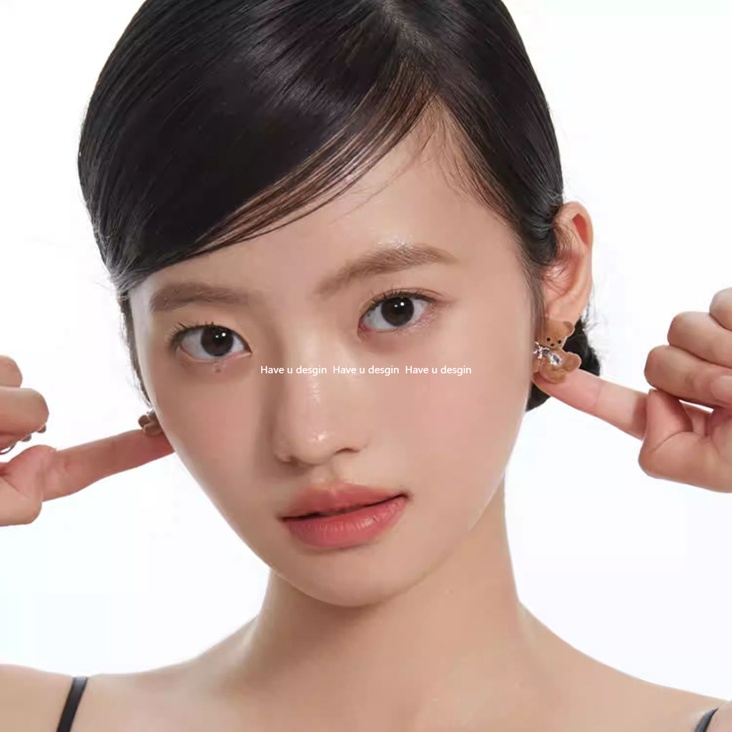 Have u desgin Flocking Bear Bow Original Bông tai dễ thương Bông tai Zircon tinh tế
