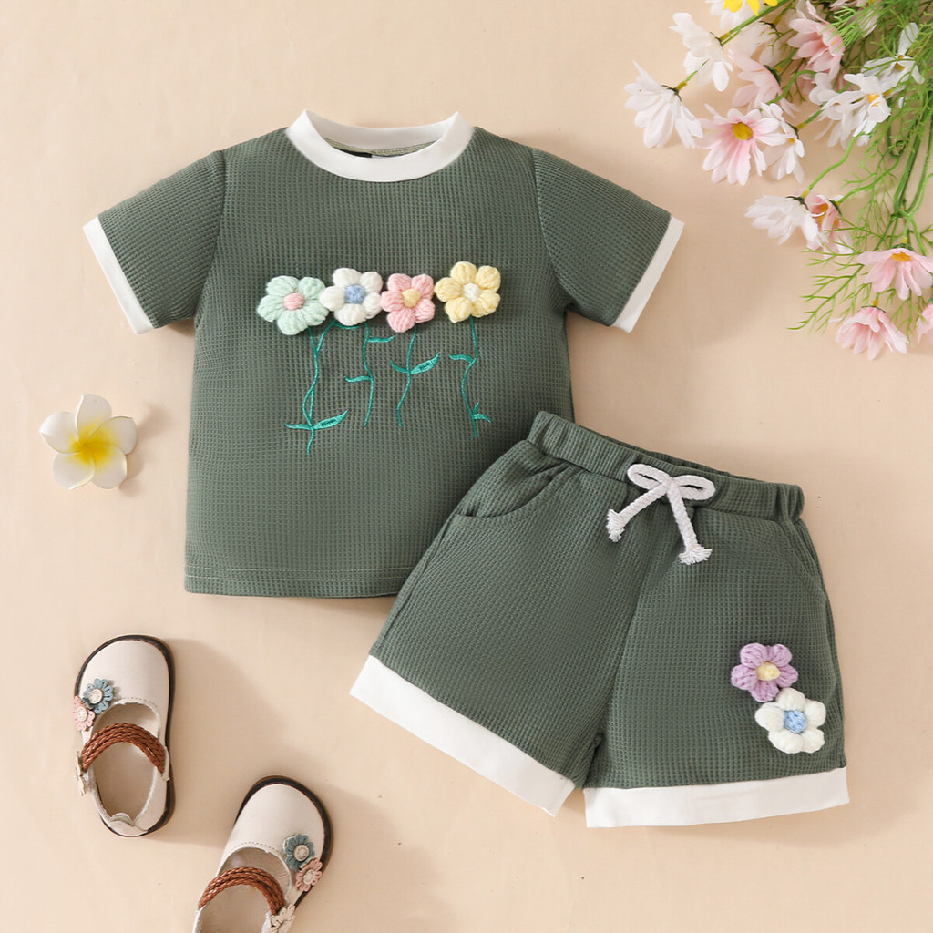 Mô tả Bộ dành cho trẻ sơ sinh & trẻ mới biết đi 0-4 tuổi Áo sơ mi ngắn tay cổ tròn in họa tiết in hoa và ren màu trơn được ghép nối với quần Short màu trơn Bộ kỳ nghỉ - 2