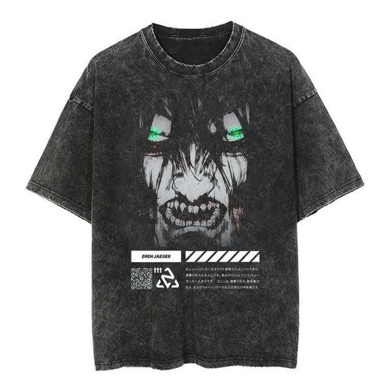 Phong Cách Mới Áo Thun Tay Ngắn Tấn Công Titan Levi Eren Phong Cách Mới Nhật Bản Tấn Công Titan Hoạt Hình Anime oversize High Street vintage Washed Đau Khổ Áo Thun Ngắn Tay Mikasa Armin Arlert