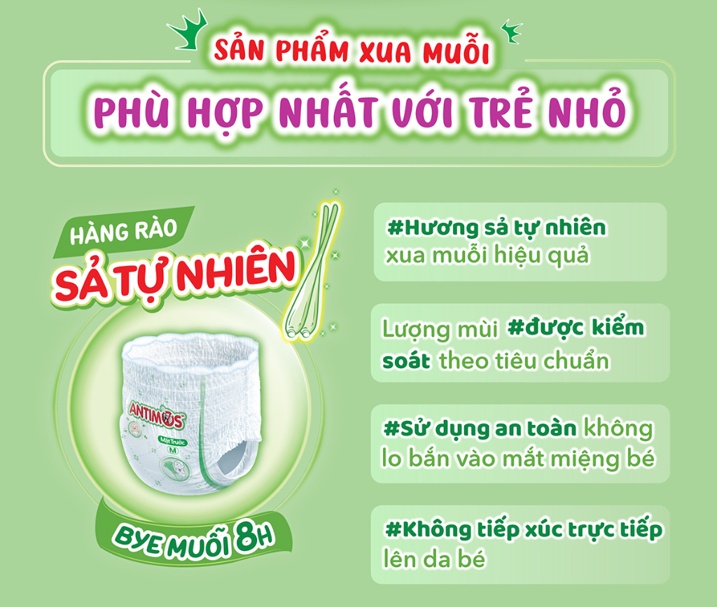 Mô tả Combo 2 tã Quần Xua Muỗi Bobby Antimos – Hàng rào Sả tự nhiên Bye Muỗi 8H - M52/L50+2/XL48+4/XXL46+6 - 2