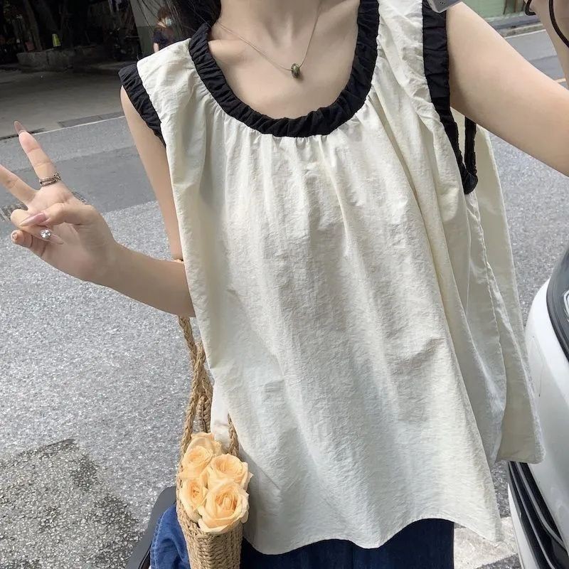 Lanlanlan ~ Màu tương phản Áo Sơ Mi Rời Áo Sơ Mi Nữ Mùa Hè Phong Cách Mới Phiên Bản Hàn Quốc Thời Trang Mỏng Hơn Nhìn Tất Cả Trận Đấu Thiết Kế Cảm Giác Sang Trọng Áo Không Tay