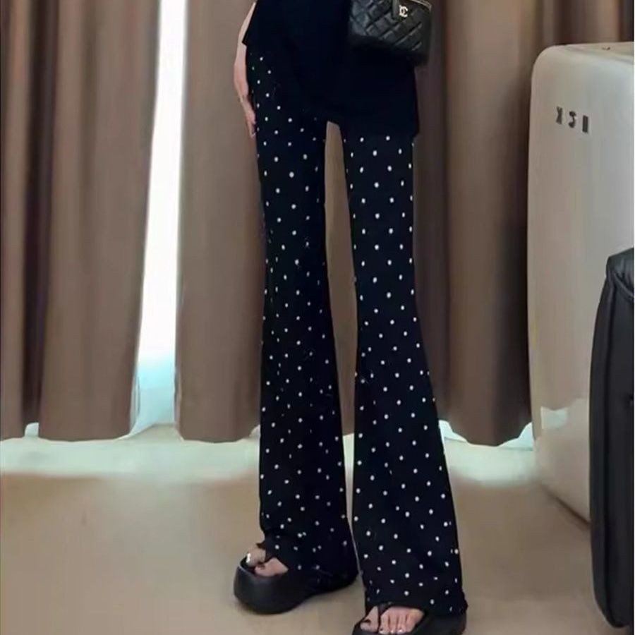 Lan ~ Đen Chấm Bi In Hình Quần Nữ Xuân Hè Mỏng Cao Cấp Co Giãn Mỏng Hơn Nhìn Micro loe Quần Nhỏ