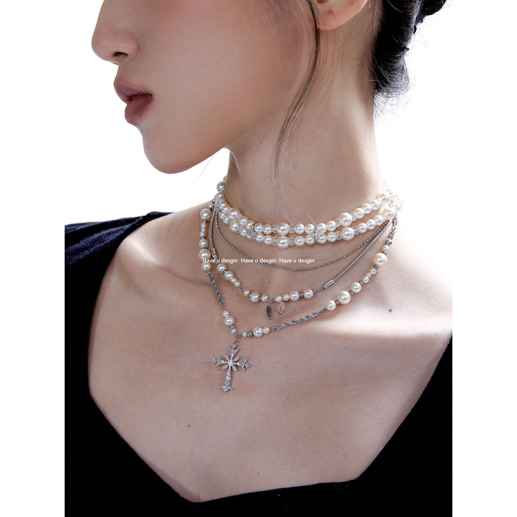 Have u desgin Broken Urban Vòng cổ ngọc trai chéo bạc xếp chồng lên nhau nguyên bản