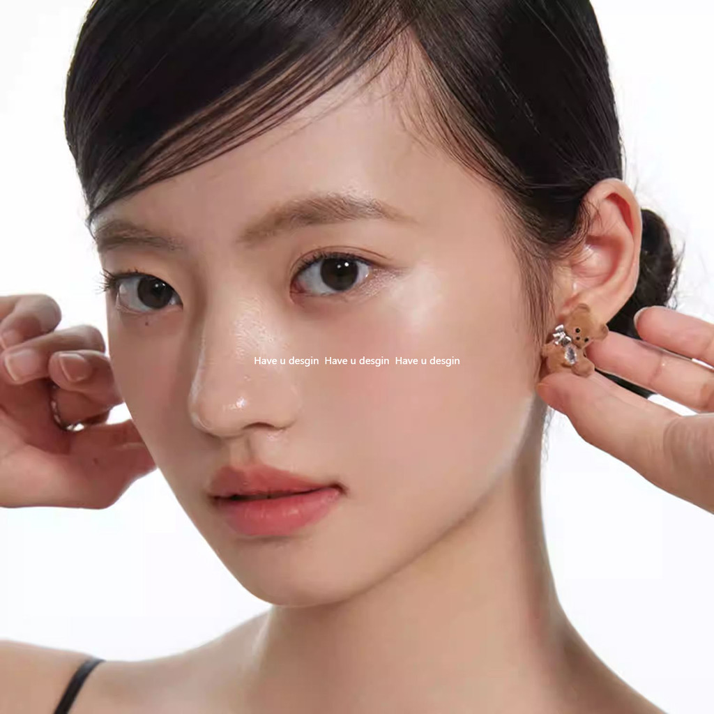 Have u desgin Flocking Bear Bow Original Bông tai dễ thương Bông tai Zircon tinh tế
