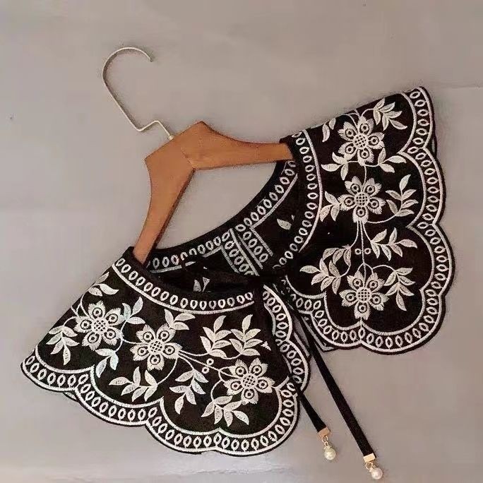 Lan ~ Phong Cách Mới Châu Âu Mỹ Retro Thêu Cổ Giả Nữ Phù Hợp Với Niche Đen Thêu Ren-Up Khăn Choàng Trang Trí
